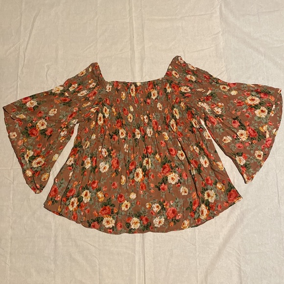 Angie Smocked Baby Doll Floral Bell Sleeve Blouse - Picture 6 of 11